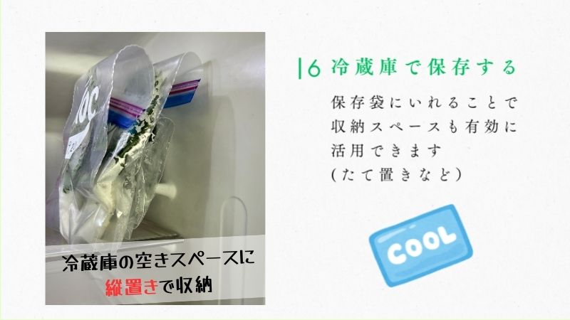 大葉の冷蔵保存手順：保存袋（ジップロック）に入れて冷蔵庫に縦置き収納する方法