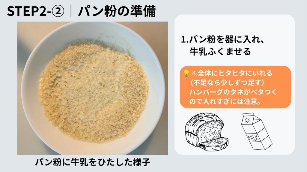 白い耐熱容器に入れたパン粉に牛乳を含ませた写真と、ひたひたにするコツや注意点を記載した手順解説画像